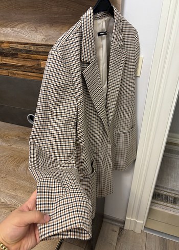 40 Beden Düğmeli Kareli Midi Kadın Blazer Ceket