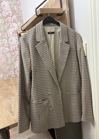 Düğmeli Kareli Midi Kadın Blazer Ceket