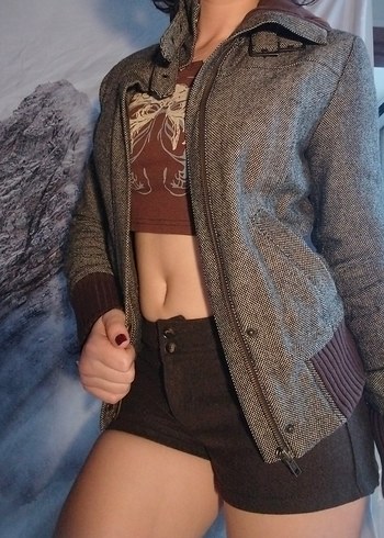 Vintage Gri Yünlü Kısa Ceket - Görsel 3