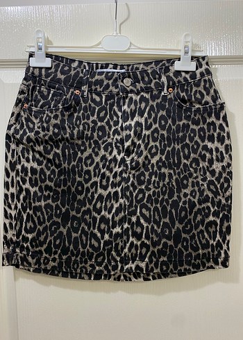 Kahverengi Leopar Desenli Mini Etek