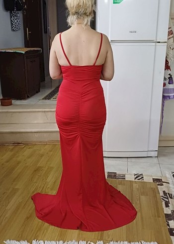 Abiye Kırmızı V Yakalı Uzun Drapeli Abiye Elbise