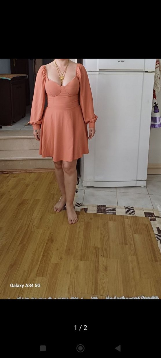 Bej V Yaka Midi Kadın Elbise - Görsel 2