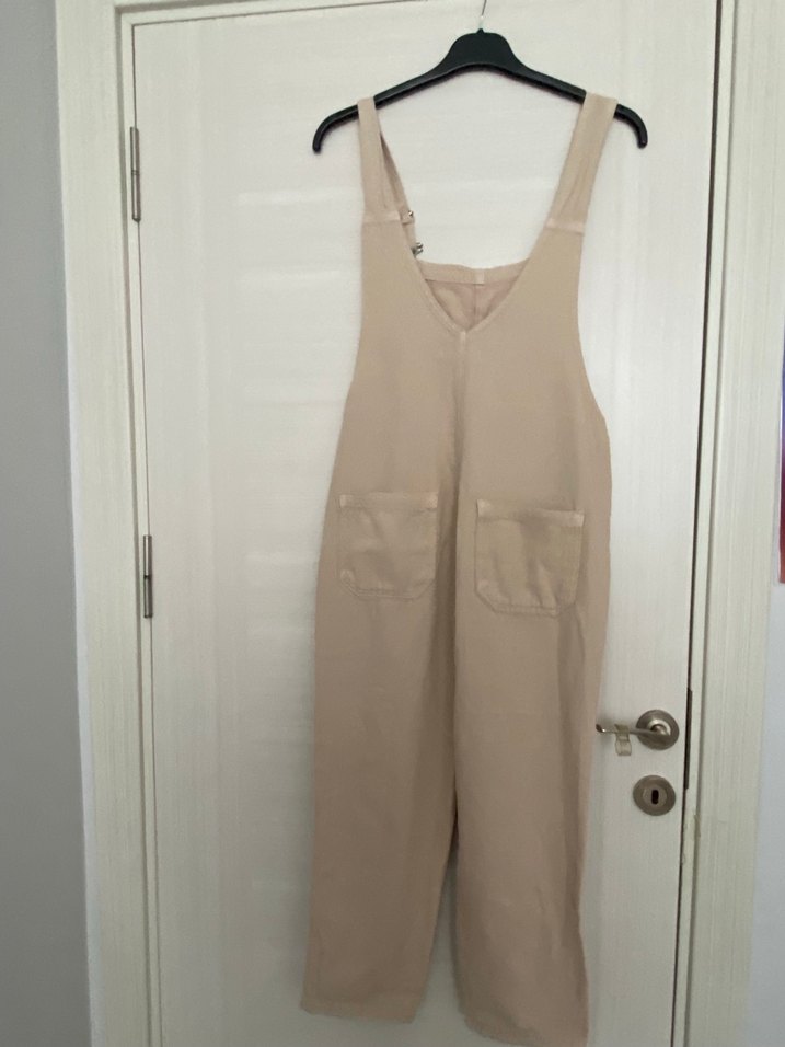 Bej Keten Midi Askılı Kadın Tulum - Görsel 2