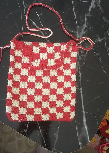 Diğer Kırmızı Beyaz Kareli Örgü Kadın Çantası