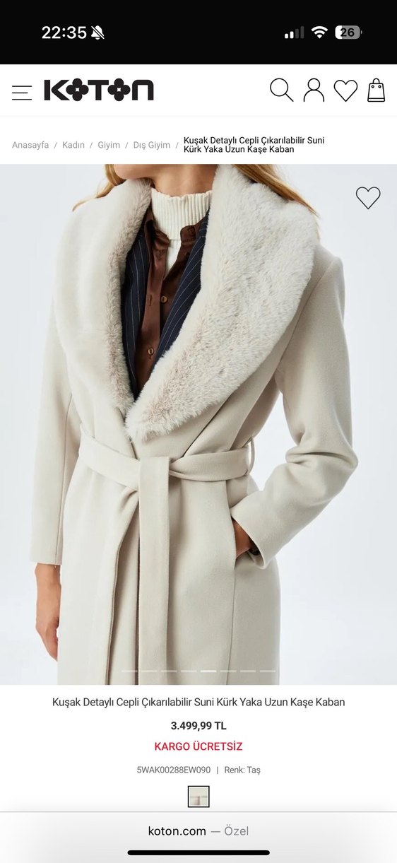 Kuşak Detaylı Cepli Çıkarılabilir Suni Kürk Yaka Kaban - Görsel 5