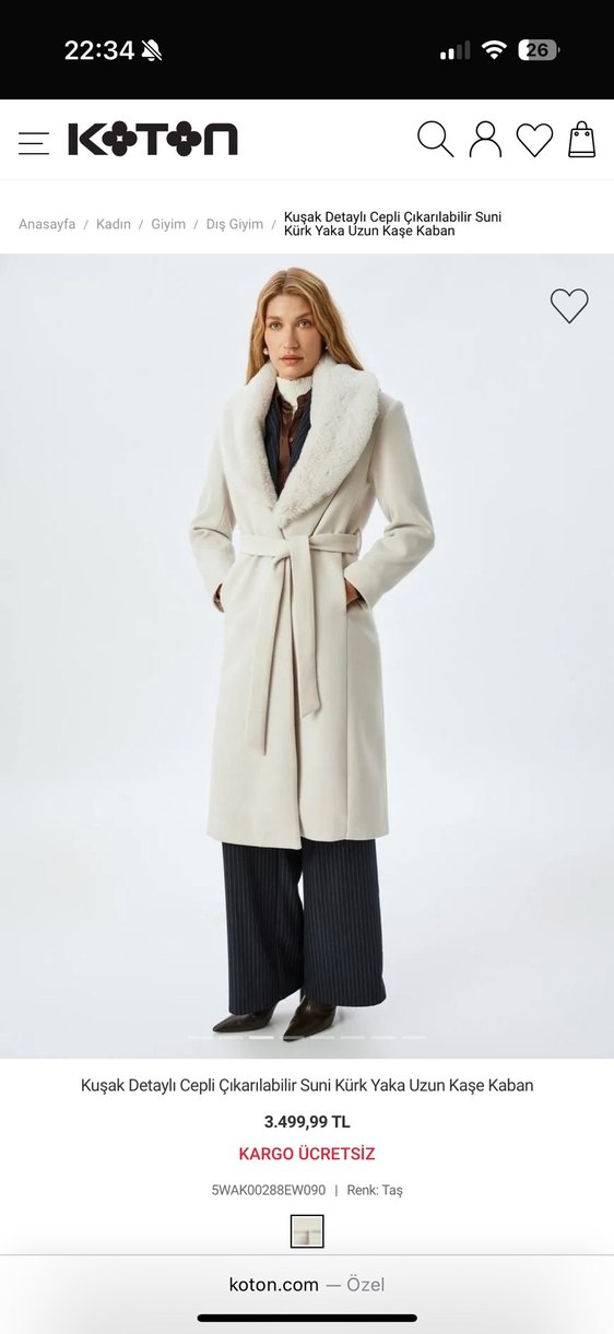 Kuşak Detaylı Cepli Çıkarılabilir Suni Kürk Yaka Kaban - Görsel 3