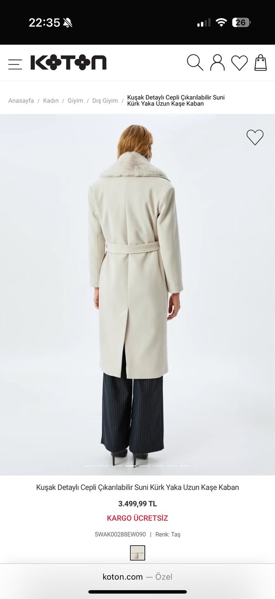 Kuşak Detaylı Cepli Çıkarılabilir Suni Kürk Yaka Kaban - Görsel 4