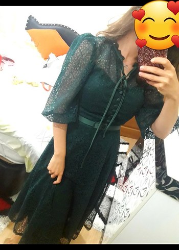 Abiye Yeşil Dantel Detaylı Gotik Midi Elbise