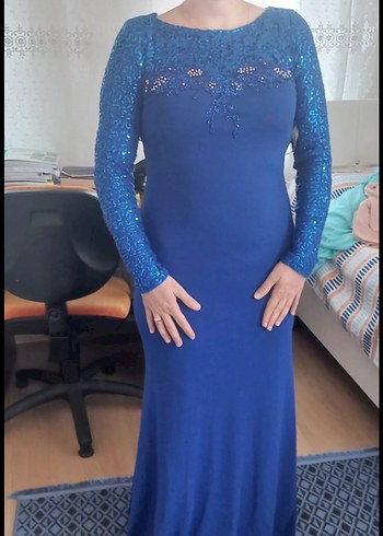 Abiye Parlak Mavi Uzun Kollu Abiye Elbise