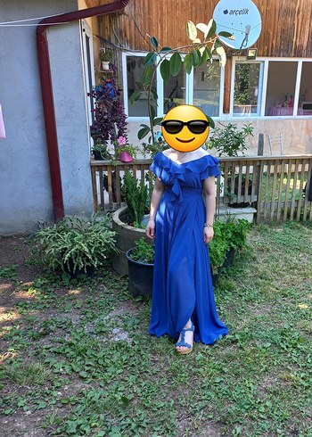 Mavi Uzun Volanlı Straplez Elbise