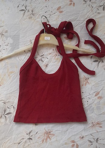 Diğer Kırmızı Denim Halter Yaka Crop Top