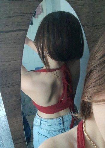 Kırmızı Denim Halter Yaka Crop Top