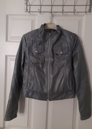Gri Deri Kadın Biker Ceket