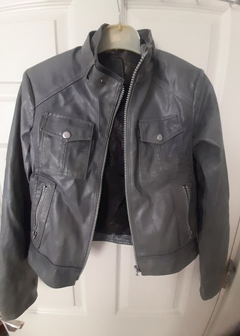 Diğer Gri Deri Kadın Biker Ceket