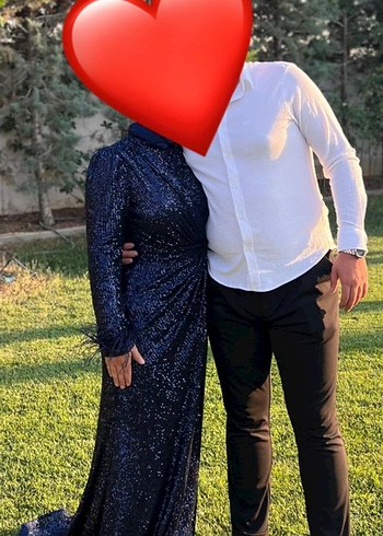 Uzun Kollu, Drapeli Lacivert Abiye Elbise