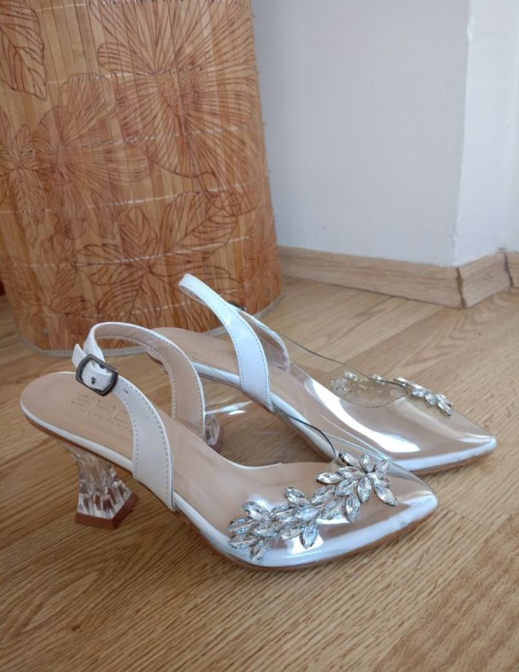 Beyaz Taşlı Şeffaf Topuklu Abiye Ayakkabı - Görsel 2