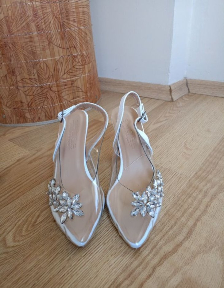 Beyaz Taşlı Şeffaf Topuklu Abiye Ayakkabı - Görsel 4