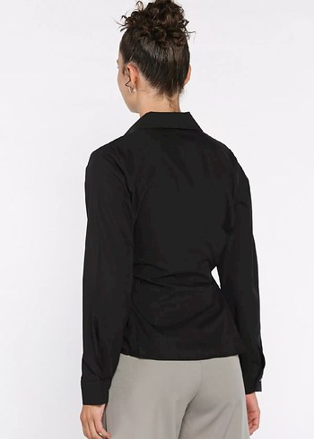 Siyah Belden Bağcıklı Kadın Uzun Kollu Gömlek - Görsel 3