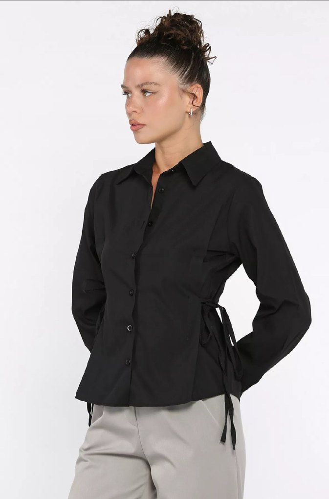 Siyah Belden Bağcıklı Kadın Uzun Kollu Gömlek - Görsel 2