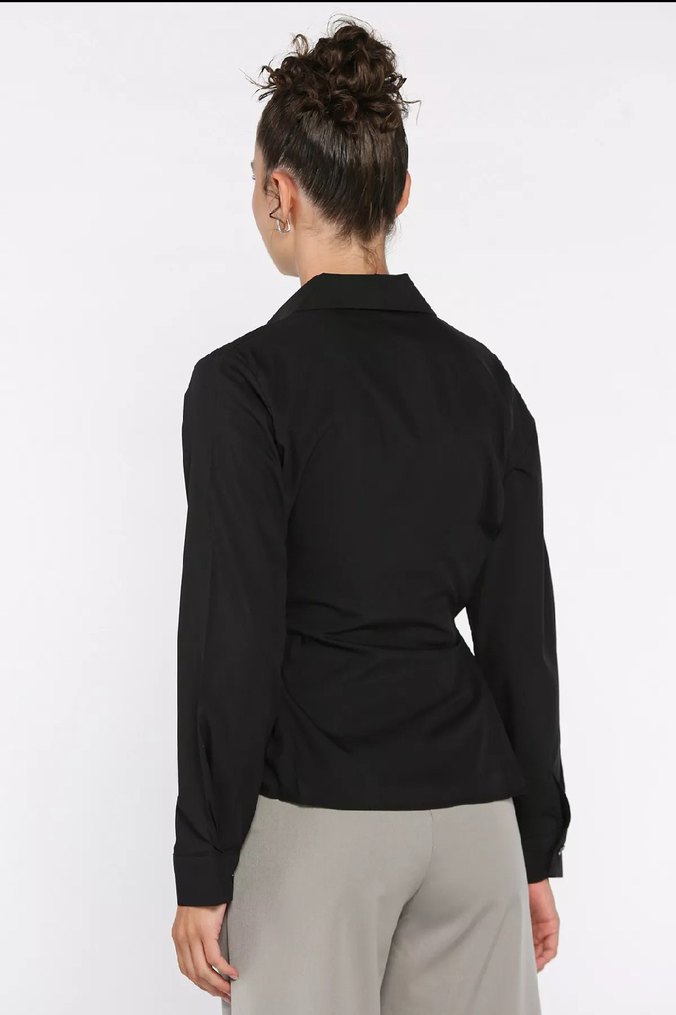 Siyah Belden Bağcıklı Kadın Uzun Kollu Gömlek - Görsel 3