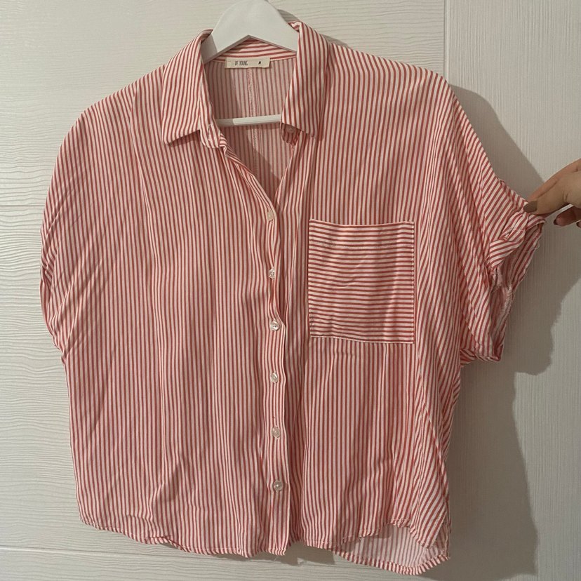 Pembe Çizgili Düğmeli Kısa Kollu Gömlek - Görsel 2