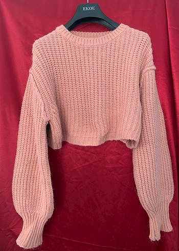 Pembe Örgü Crop Kazak