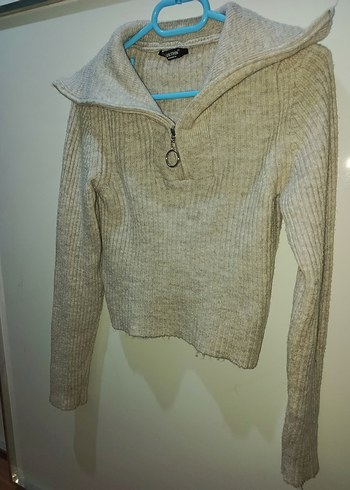 Gri Kadın Triko , Yaka Fermuarlı Kazak - Görsel 2