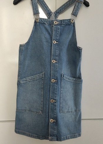 Düğmeli Mavi Denim Midi Salopet Kız Çocuk Elbise.