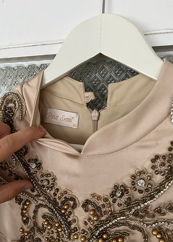 40 Beden camel Renk Uzun Kol, Nakışlı Vintage Kadın Abiye Elbise
