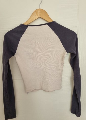 xs Beden gri Renk Koton Baskılı Crop Tişört Renk Bloklu Uzun Kollu Ribanali Pamuk