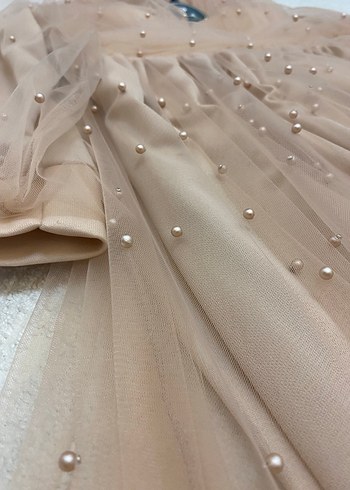 İnci Detaylı Bej Uzun Abiye Elbise - Görsel 4