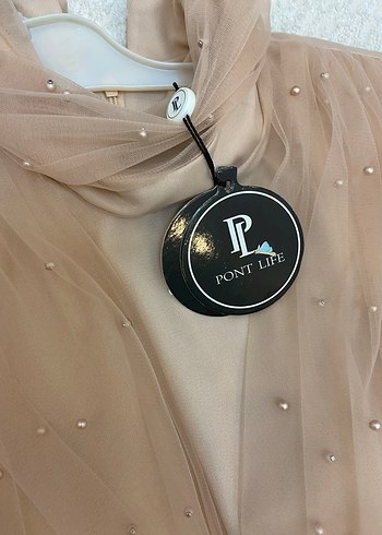 İnci Detaylı Bej Uzun Abiye Elbise - Görsel 3