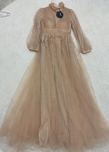 İnci Detaylı Bej Uzun Abiye Elbise - Görsel 8