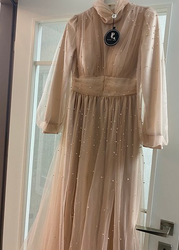 İnci Detaylı Bej Uzun Abiye Elbise - Görsel 9