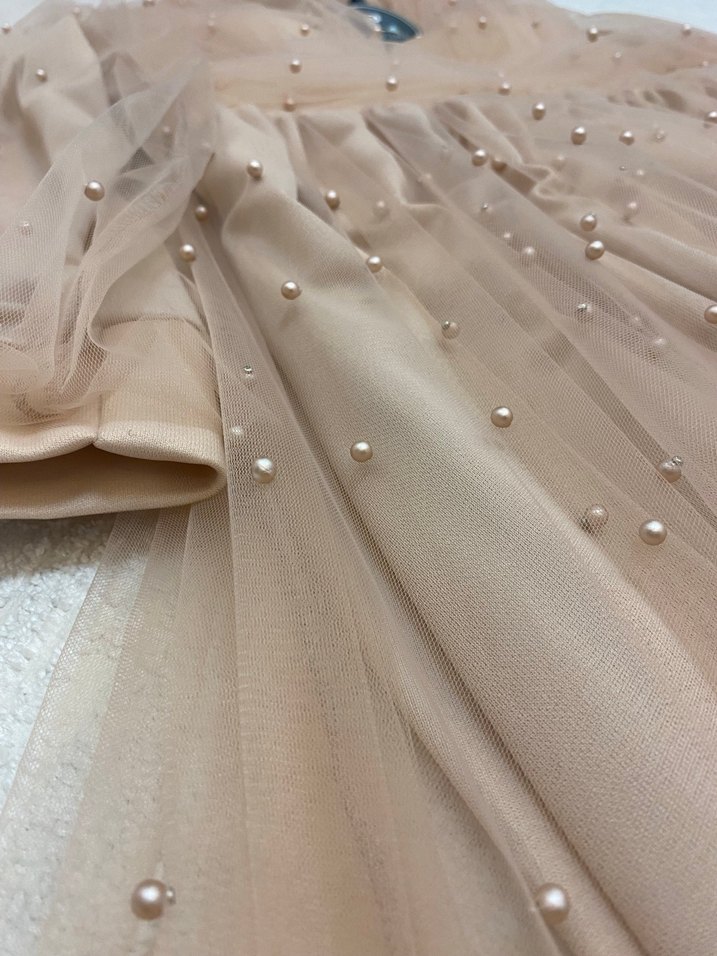 İnci Detaylı Bej Uzun Abiye Elbise - Görsel 4