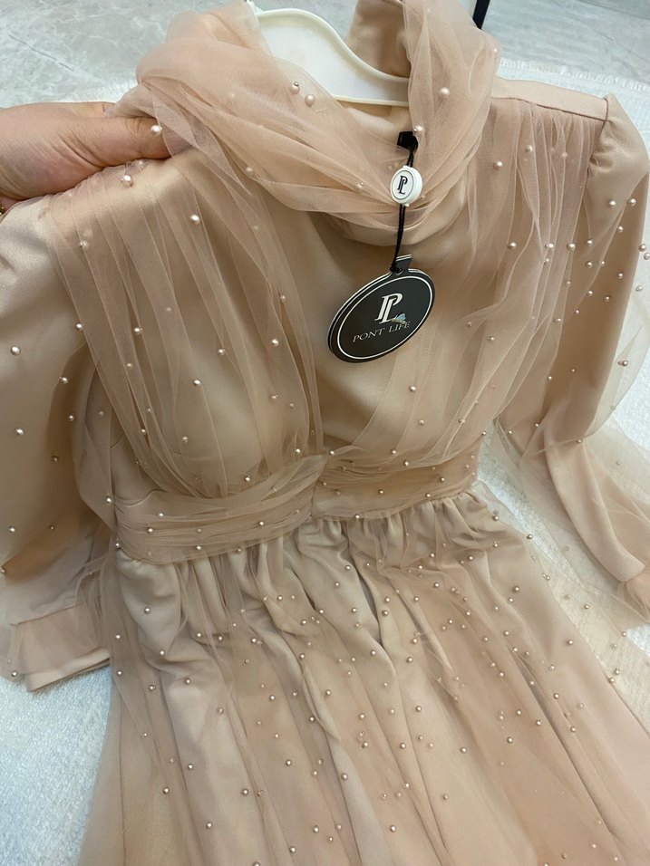 İnci Detaylı Bej Uzun Abiye Elbise - Görsel 2