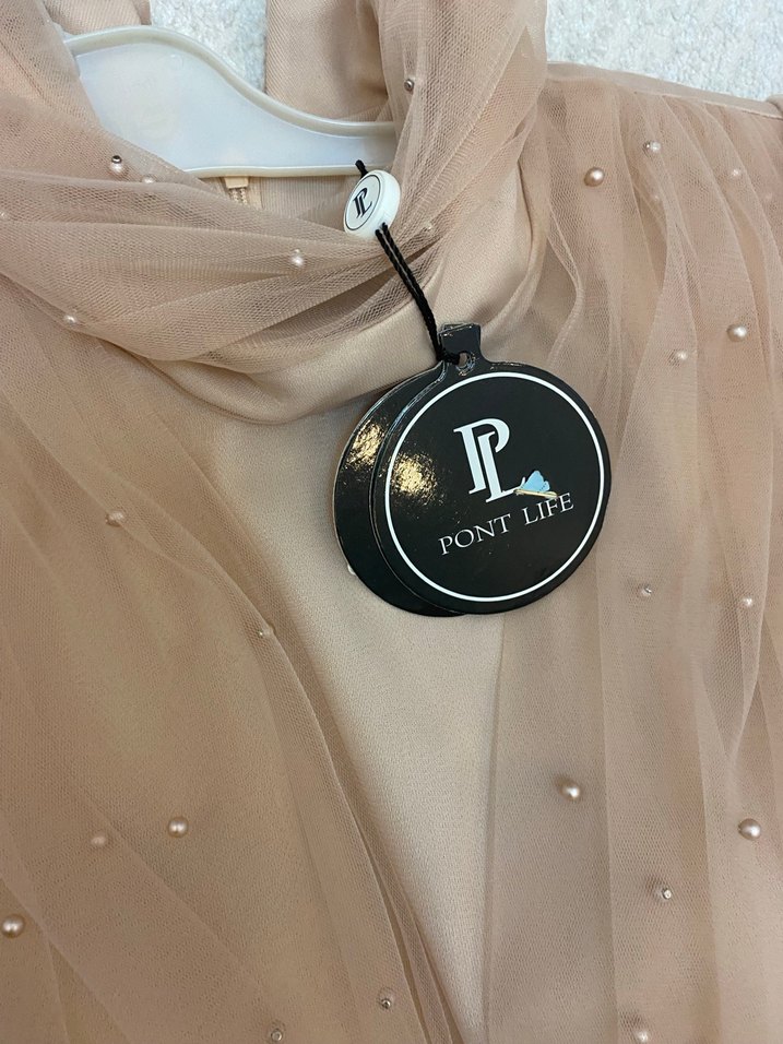 İnci Detaylı Bej Uzun Abiye Elbise - Görsel 3