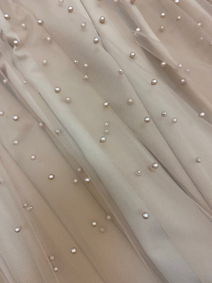 İnci Detaylı Bej Uzun Abiye Elbise - Görsel 5