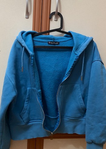 m Beden Kadın Mavi Fermuarlı Sweatshirt