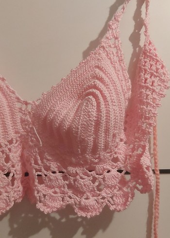 Tasarımcı Pembe Dantel Detaylı Örgü Büstiyer