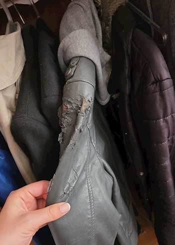 Gri Deri Kadın Ceket Kapüşonlu - Görsel 2