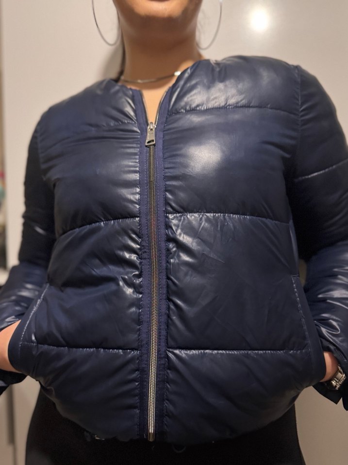 Kadın Parlak Mavi Deri Kısa Mont - Görsel 3