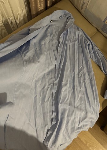 Gri Düğmeli Keten Uzun Kollu Midi Gömlek - Görsel 3