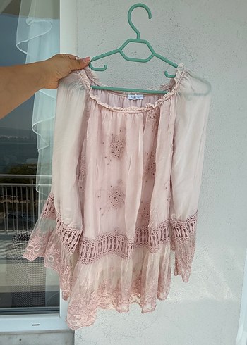 Diğer Dantel Detaylı Bohem Pembe Straplez Bluz