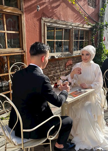 Uzun Ekru Hülya Keser Tesettür Abiye - Görsel 3