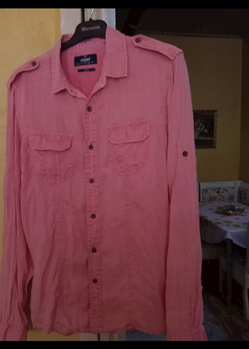Pembe Düğmeli Uzun Kollu Keten Erkek Gömlek