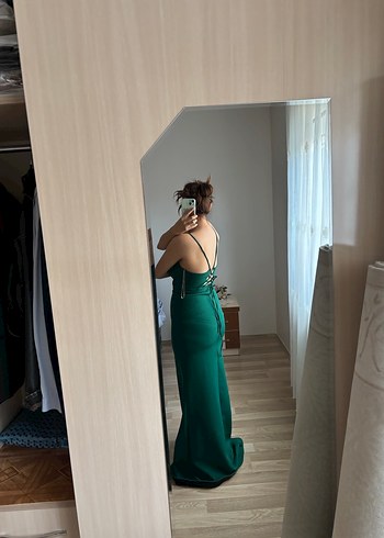 Diğer Yeşil Uzun V Yaka Drapeli Abiye Elbise