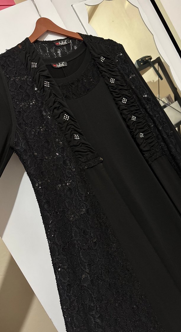 Siyah Dantel Detaylı Uzun Gotik Elbise üzerinde yelek var ek - Görsel 3