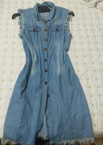 Düğmeli Uzun Kolsuz Mavi Denim Elbise