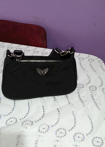 Kelebek Baskılı Siyah Deri Goth Çanta